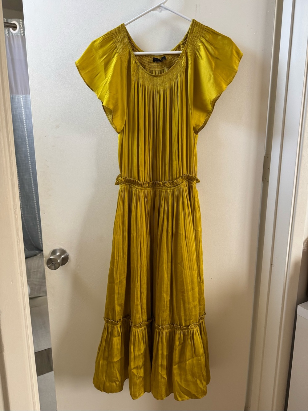 Anthropologie Mustard Yellow Tiered Flutter-Sleeve Dress